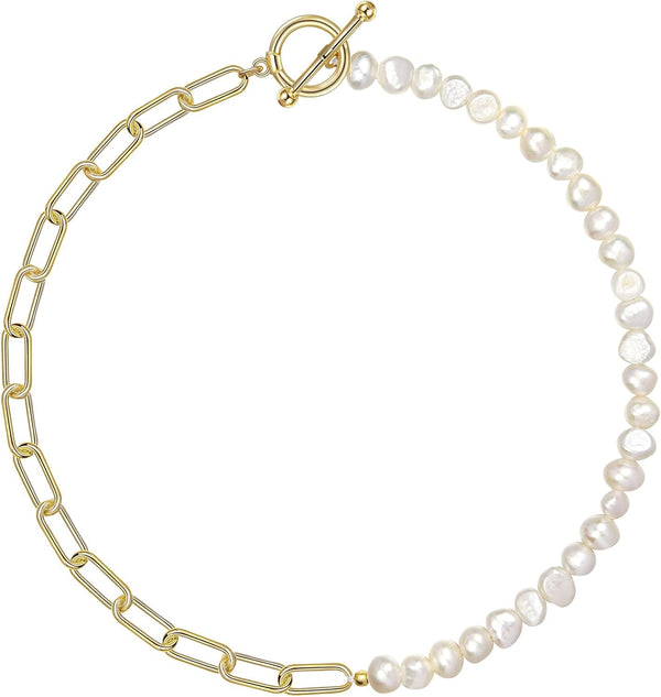 Paper Clip Pearl Necklace Vintage Chunky Link Chain Baroque Cultured Pearls 18K Gold Choker Fashion Retro Charm Valentine Jewelry for Women Girls