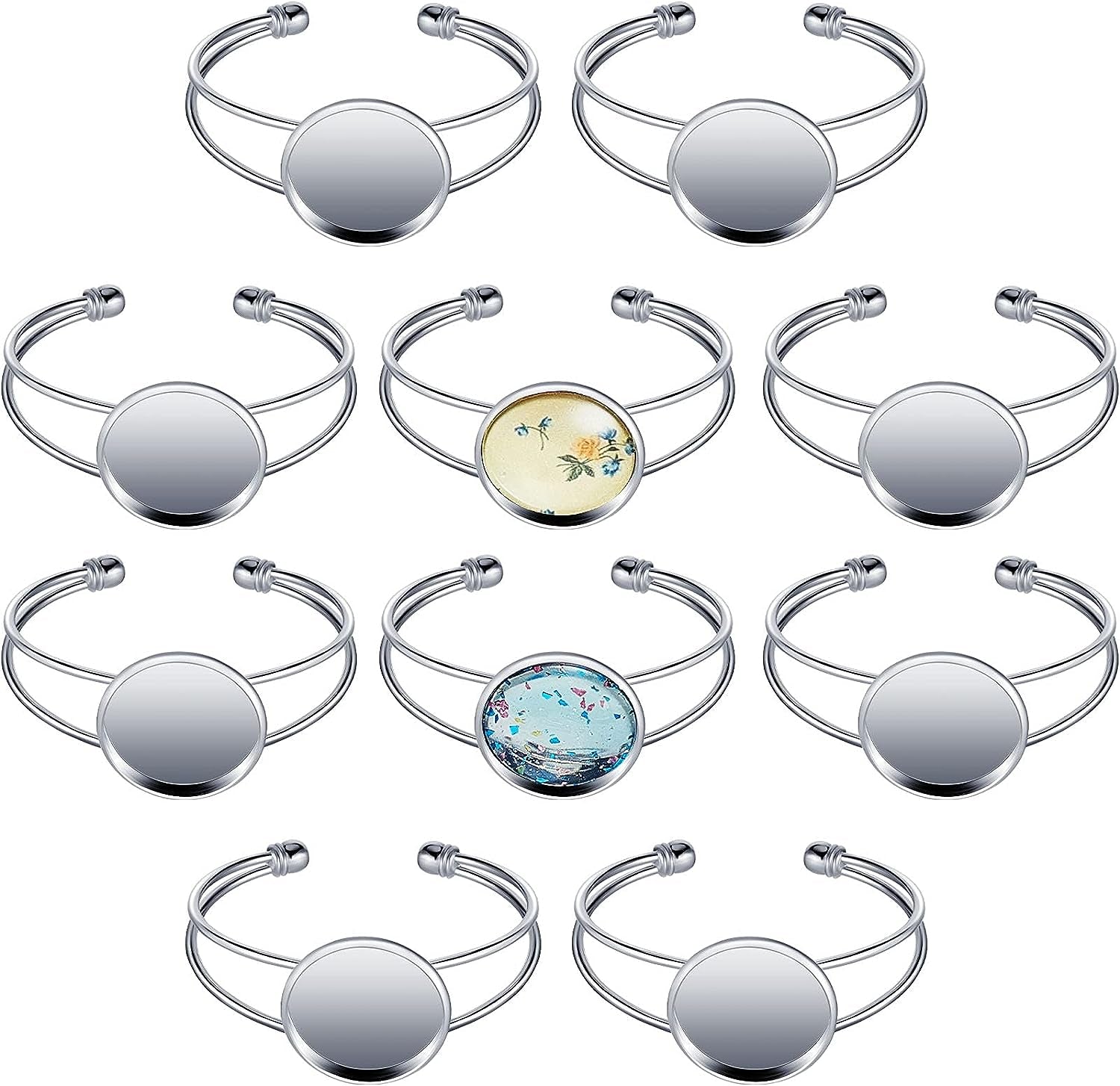 Jewelry Making Kit, 10Pcs 25Mm Bezel Tray Blank Bangle Bracelet, Adjustable round Bracelet for DIY Handmade, Men and Women (Silver)
