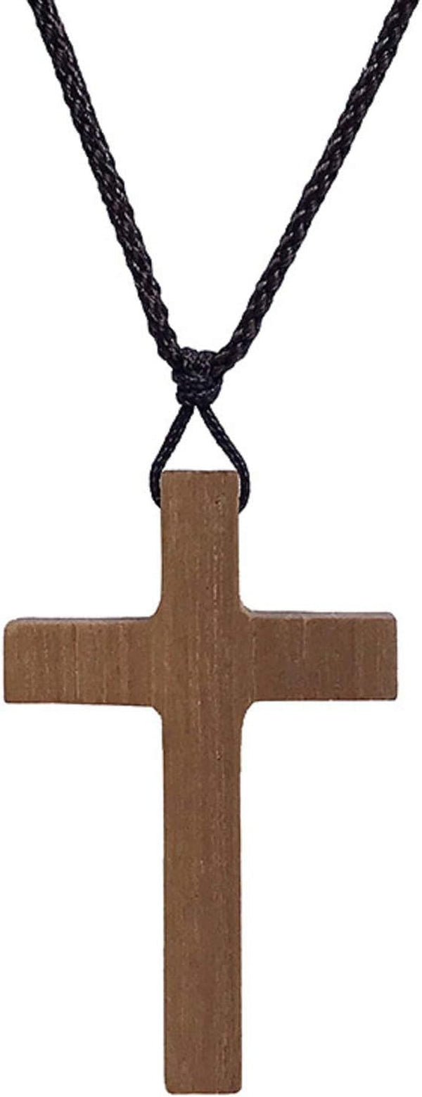 Vintage Natural Walnut Wooden Cross Pendant Necklace Wood Rearview Mirror Adjustable Leather Cord for Men Women Prayer Spiritual Religious Jewelry