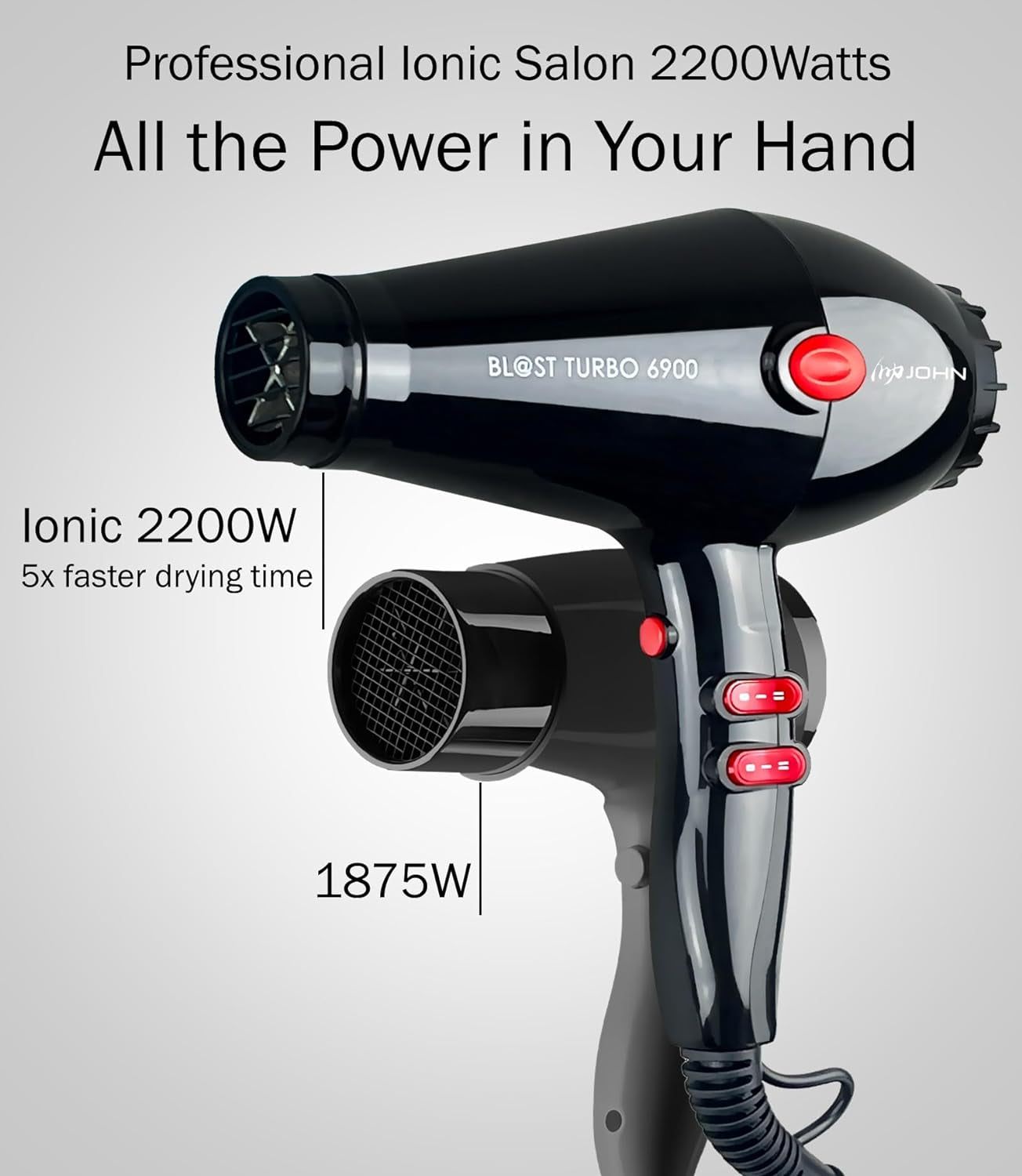 Super Fast Drying Hair Dryer, Ionic 2200W Professional Salon Blow Dryer, 2 Concentrator Nozzles, Blast Turbo 6900, Black