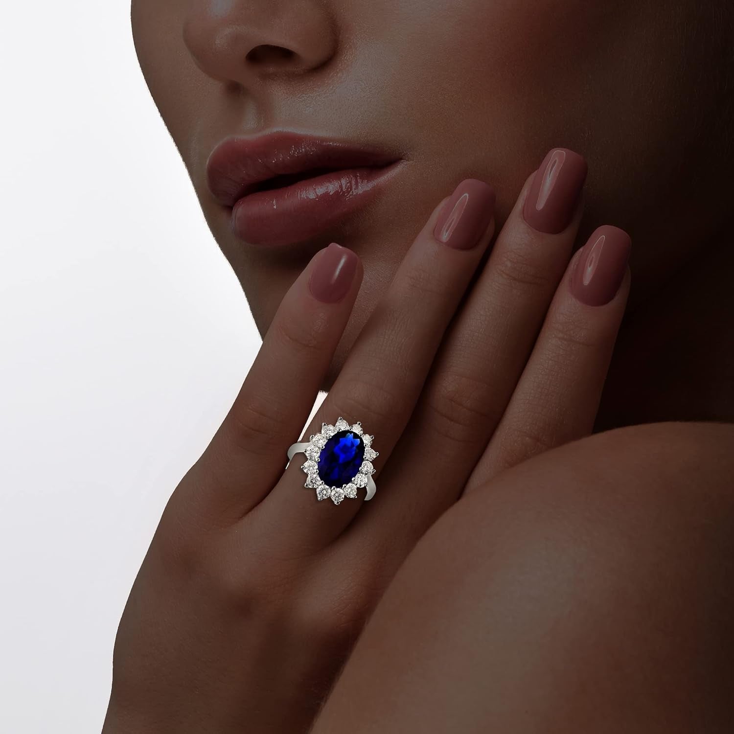 Sterling Silver Large Oval Created Blue Sapphire and Clear Cubic Zirconia Statement Bridal Engagement Princess Diana/Kate Middleton Royal Ring