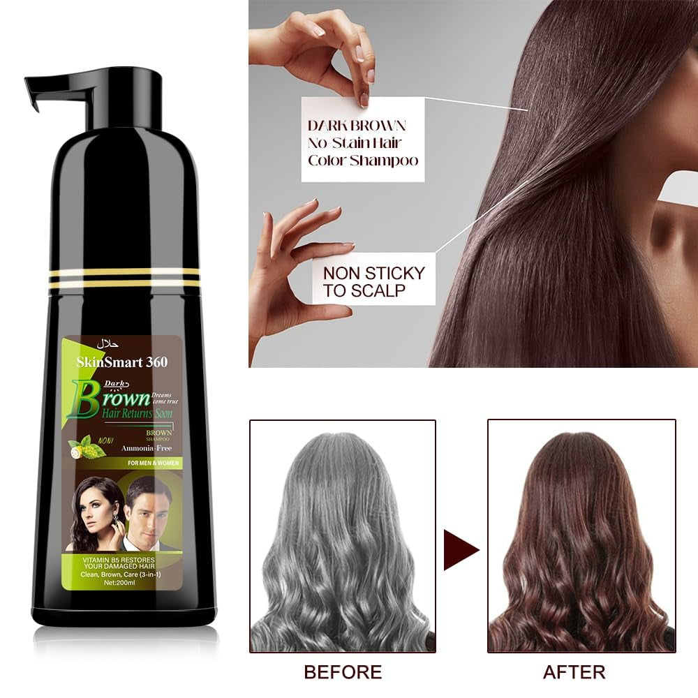 No-Stain Hair Dye Shampoo for Men & Women, Natural Ingredients, Ammonia-Free, up to 100% Gray Coverage, Easy No-Mix Application, 200 Ml, Pack of 1 (Dark Brown)