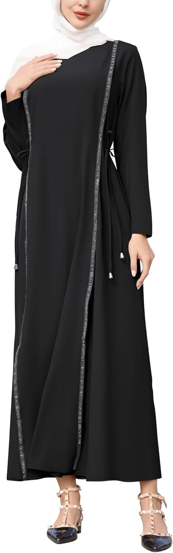 Abay for Women Shiny Self Tie Modest Muslim Dress Ramadan Eid Prayer Clothes Dubai Islamic Jalabiya Arabian Jilbab