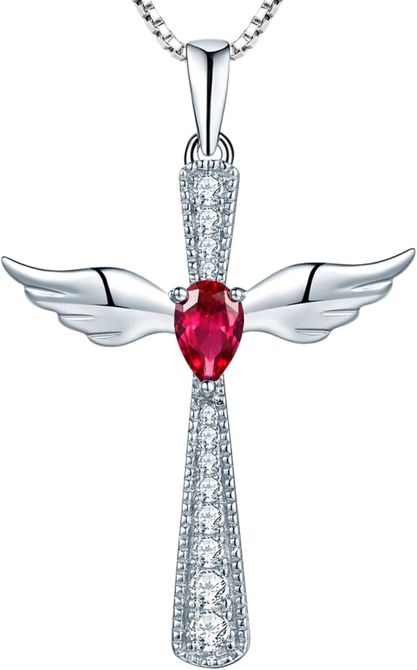 Cross Necklace 925 Sterling Silver Angel Wings Pendant Teardrop Birthstone Criss Jewelry for Women