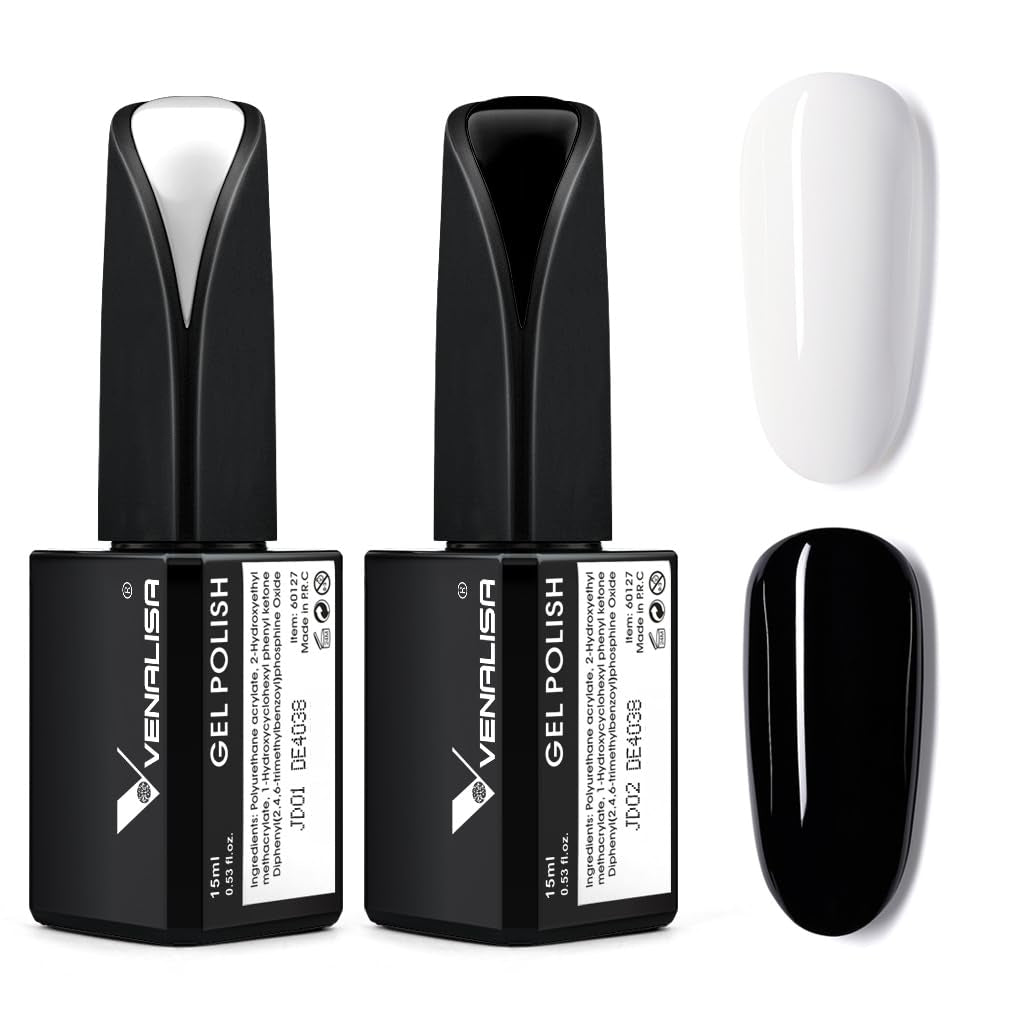 VENALISA 2Pcs 15Ml Black White Gel Nail Polish Kit, Nail Gel Polish Set Soak off UV LED Nail Art Starter Manicure Salon DIY at Home