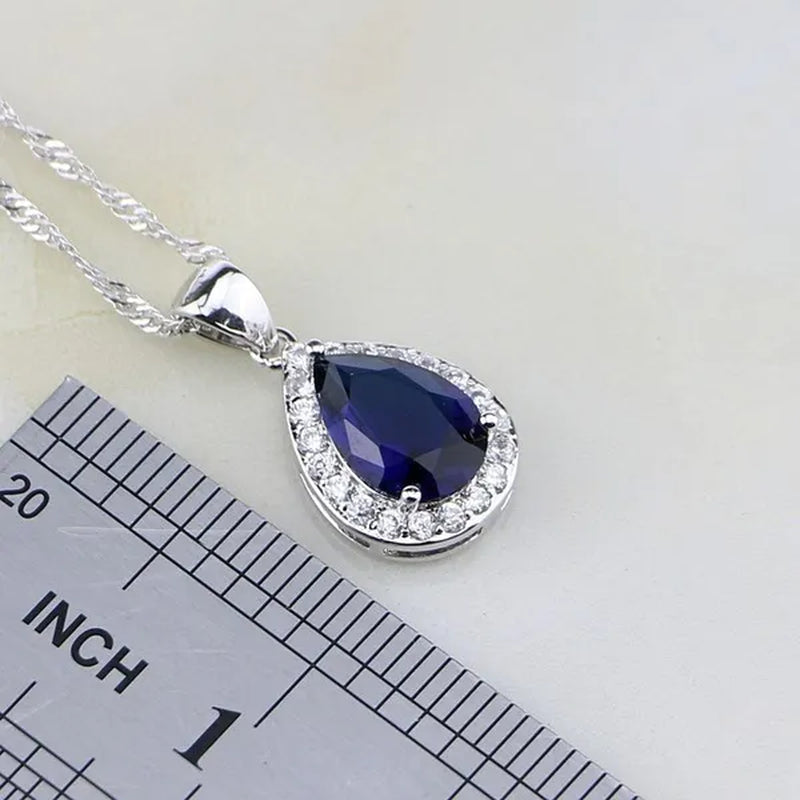 Trendy Water Drop Blue Sapphire White Topaz 925 Sterling Silver Jewelry Sets Women Wedding Earrings/Pendant/Necklace/Bracelet