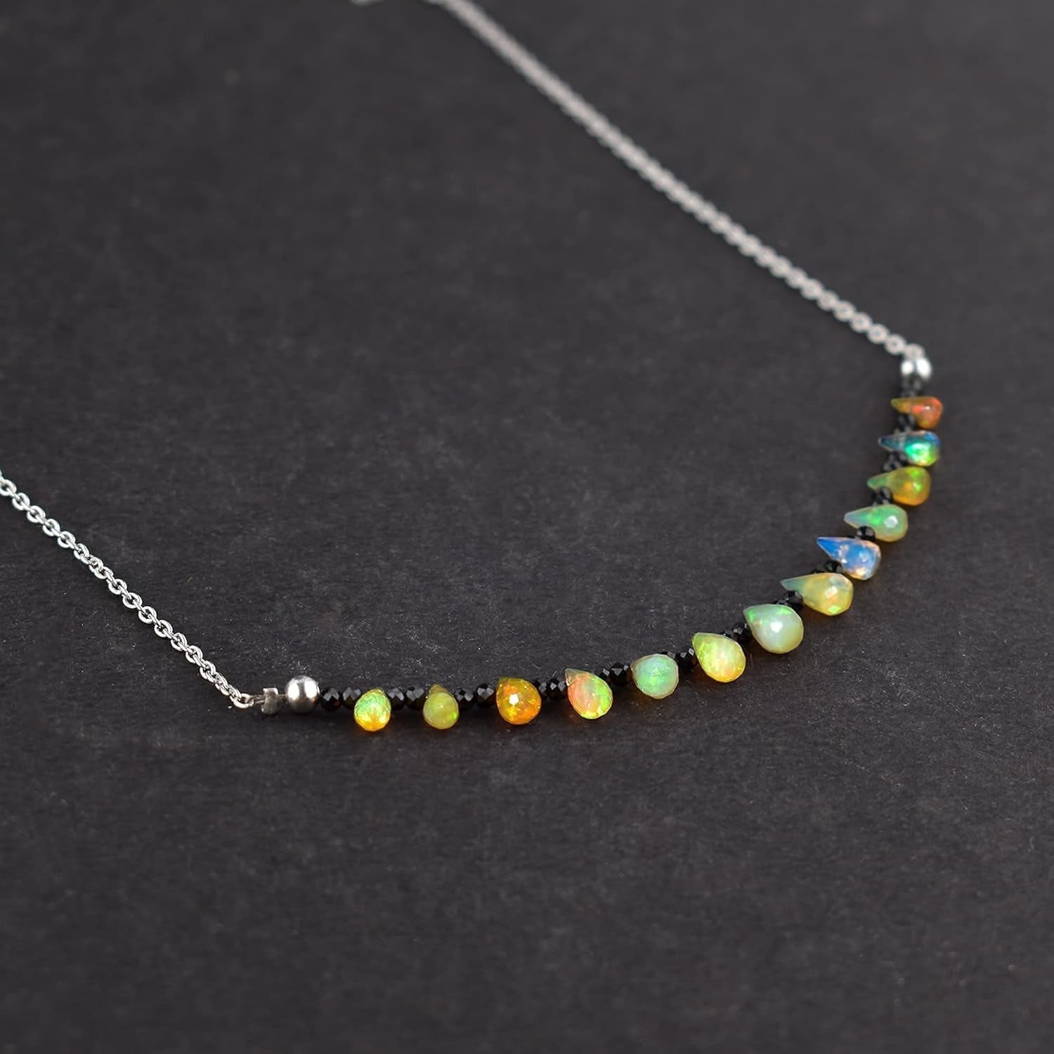 Fire Opal & Black Spinel Necklace for Women Birthstone Natural Gemstone Beads Dainty Designer Jewelry Chakra Energy Healing Crystals 925 Sterling Silver Chain 18 Inch