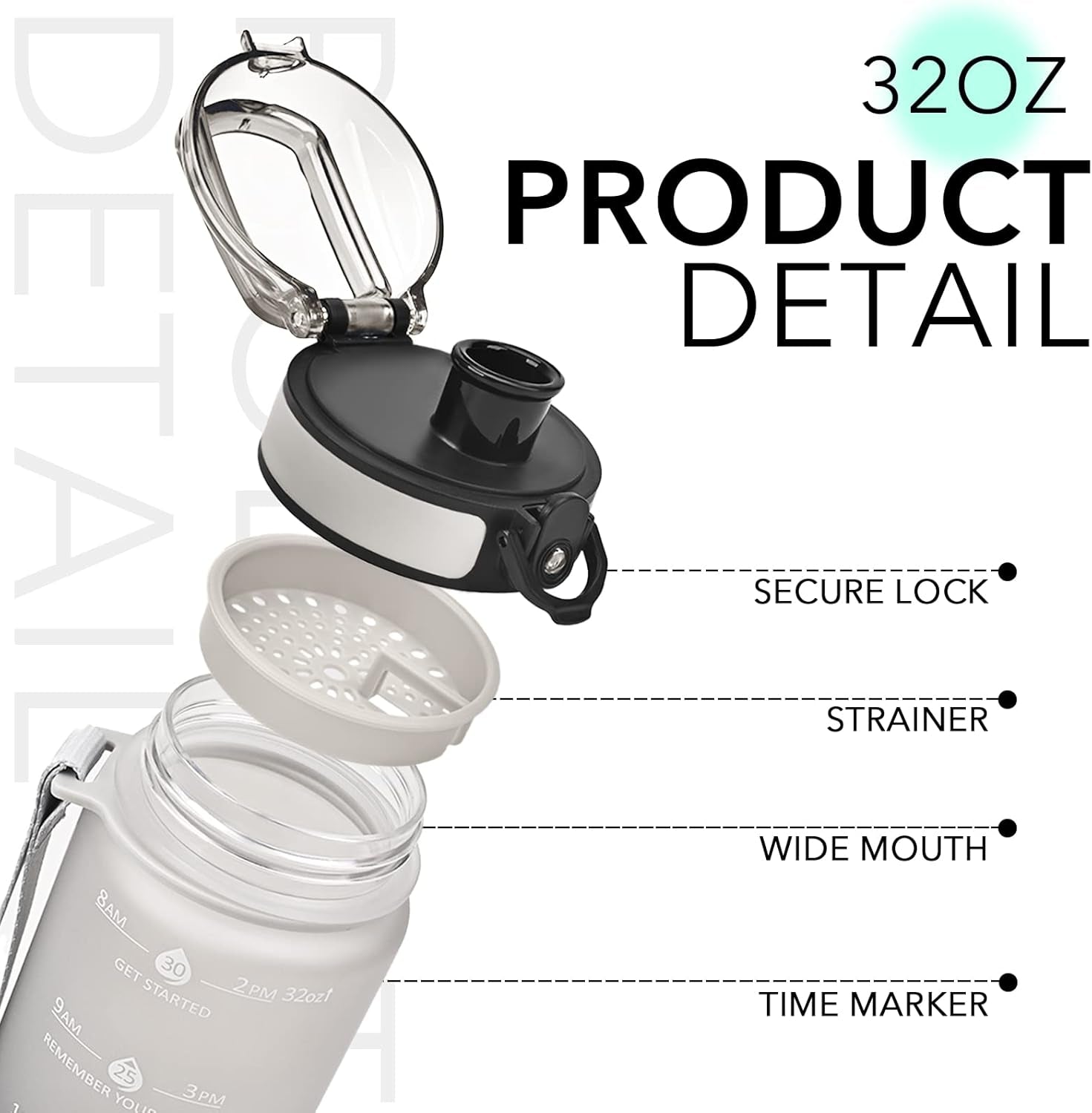 32Oz Motivational Water Bottles with Time Marker and Fruit Strainer, Sports Water Bottle with Times to Drink, Leakproof, Reusable Plastic Bottle with Strap No Straw for Gym, School