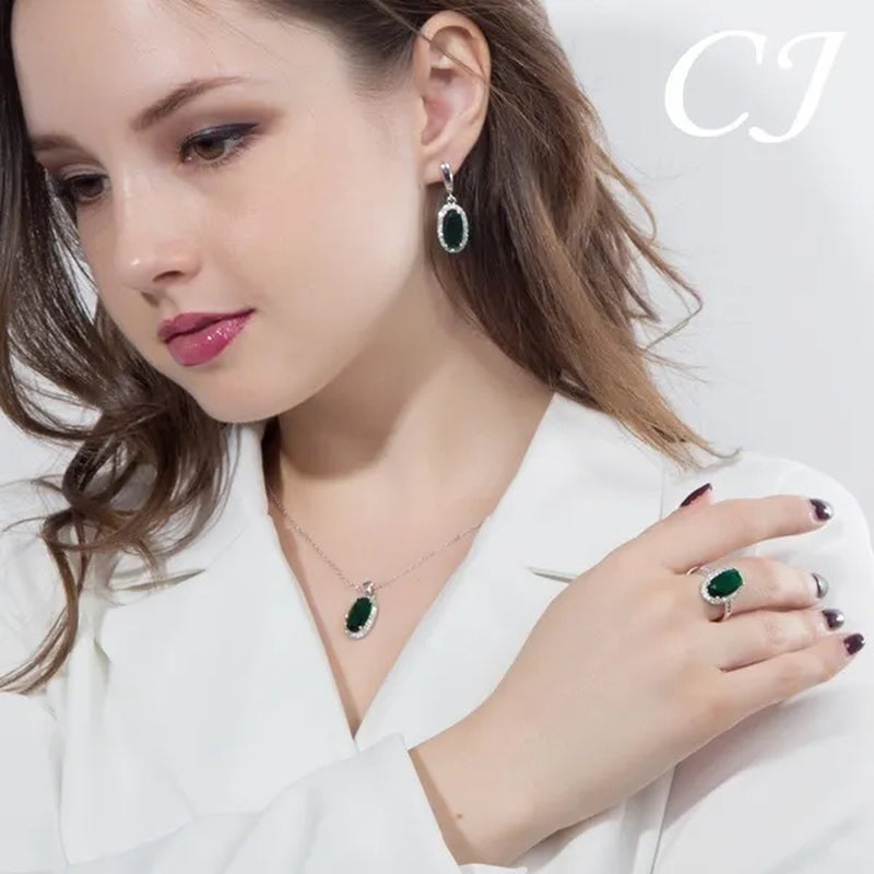 CANDICE Fashion Women Sterling Silver Plated Jewelry Sets for Girls Lovely Oval Pink CZ Stone Party Necklace Earrings Ring Set（Us 7-9)