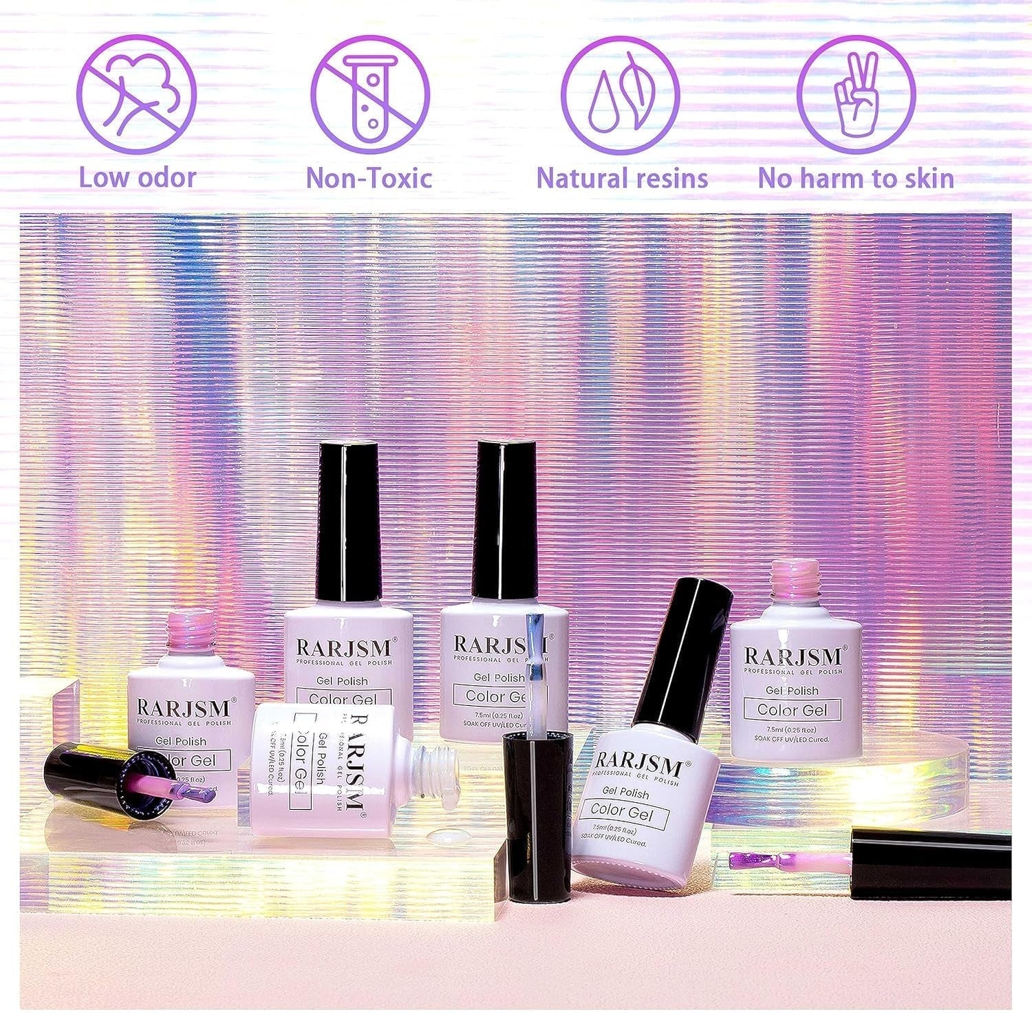 Pearl White Gel Nail Polish Set Iridescent Mermaid Shell Glitter Gel Polish 6 Light Colors Purple Blue Pink Red Gold Shimmer Multichrome Swirl Thread Effect Soak off LED UV Curing Requires