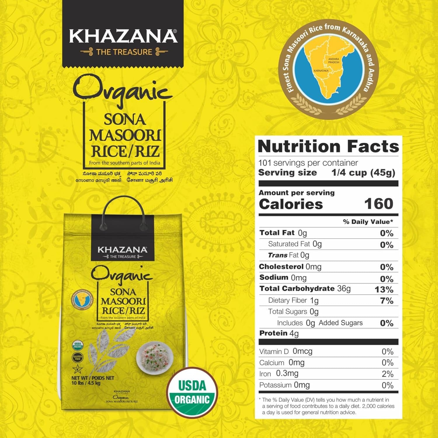 Organic Sona Masoori Rice by  in 10 Lb Bag - Aromatic and Flavorful Indian Grain - Non-Gmo, Gluten Free, Kosher, Cholesterol Free