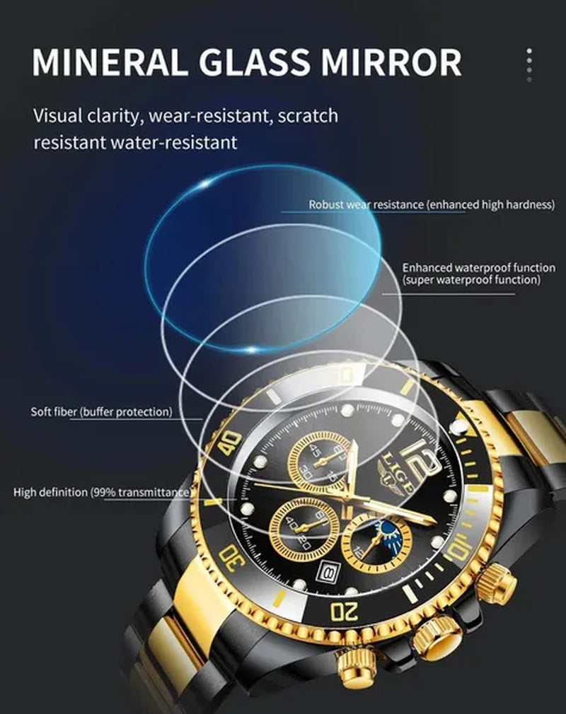 LIGE Luxury Elegant Stainless Steel Quartz Watches 3 ATM Waterproof Mens Wristwatch