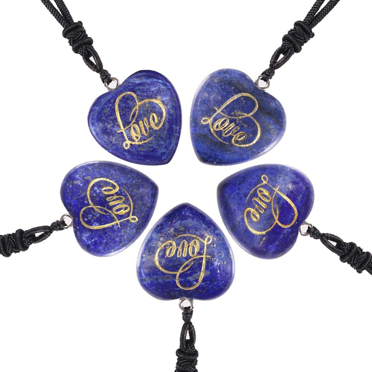 Carved LOVE Heart Stone Pendant Necklace for Women Men, Healing Crystal Point Necklaces for Unisex, Adjustable 18"-26" Strand, Pack of 2