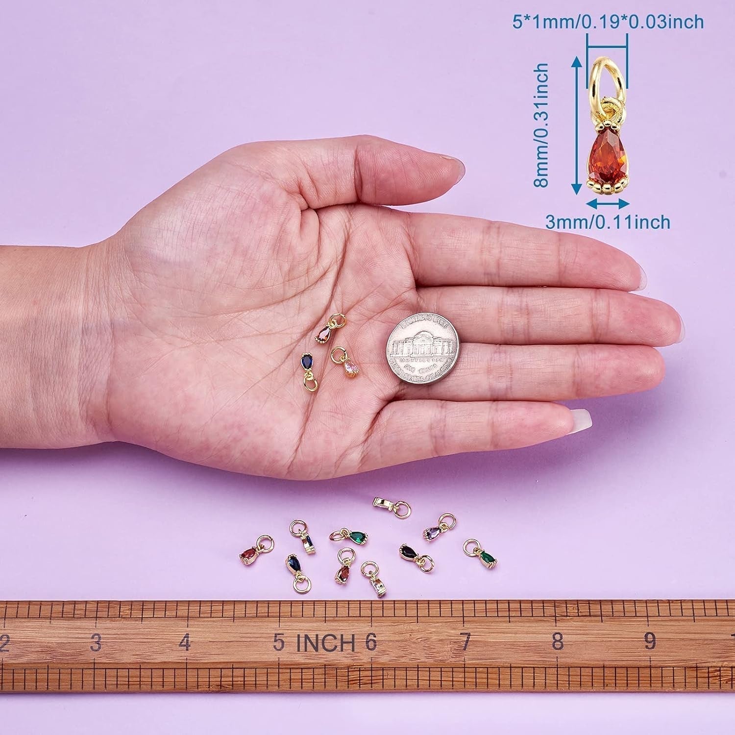 20Pcs Cubic Zirconia Mini Rhinestone Charms Brass Pave CZ Water Drop Extender End Charms Colorful 18K Gold Faceted Dangle Teardrop Birthstone Pendant Bulk with Loop for Jewelry Making 8X3Mm