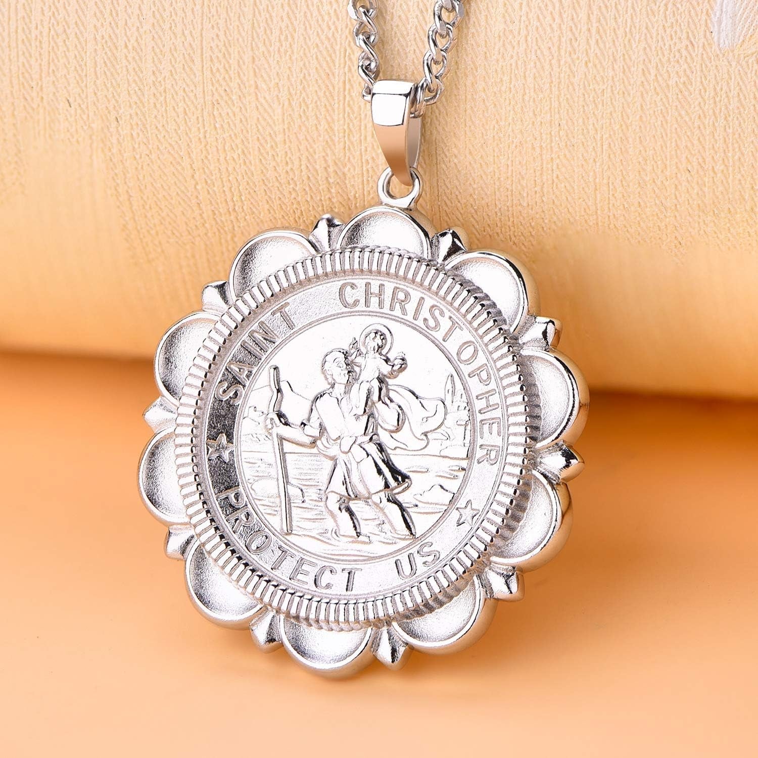 St Christopher Necklace Solid 925 Sterling Sliver Engraved Pendant round Religious Talisman Jewelry for Women