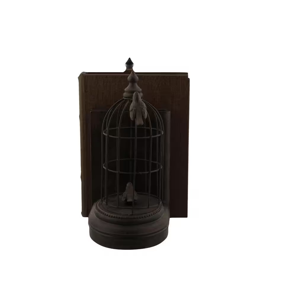 Black Metal Bird Bookends with Cages (Set of 2)