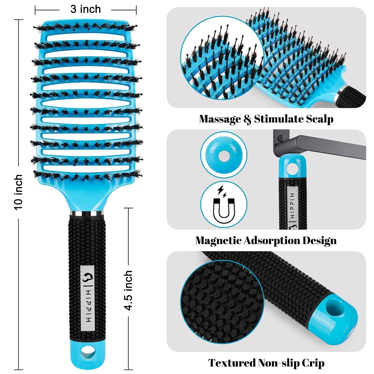 Boar Bristle Hair Brush 2 Pack,  Wet & Dry No Pull Curved Vented Hair Brush, Styling Voremy Magical Brush Detangler for Kids & Men, Hairbrush for Women Can Adds Shine & Smooth Curly Thick Hair