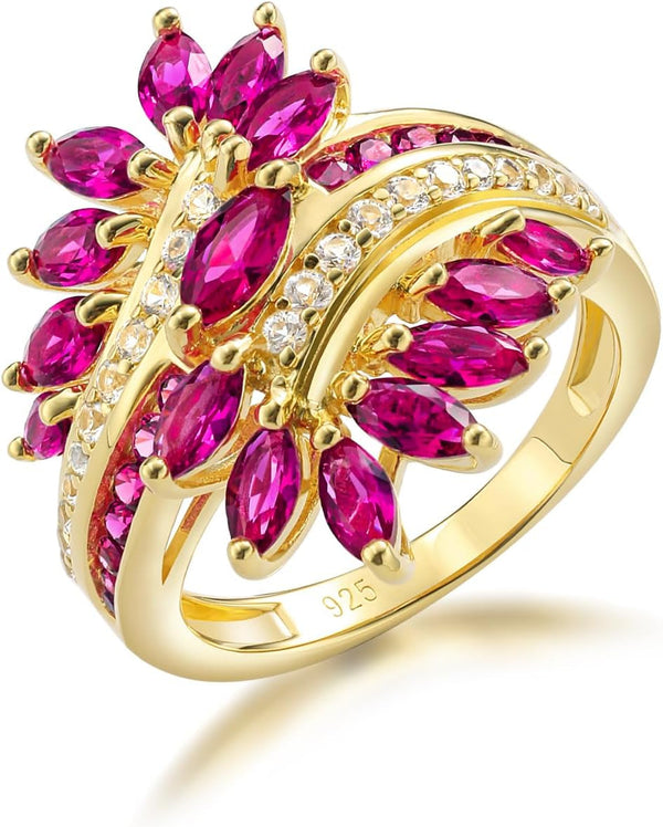 Statement Flower Ring, 14K Gold Plated, Size 6 to 10, Pink, Yellow, Green Leaf Stones, Opal, Sapphire, Ruby, Emerald, Sterling Silver, Cocktail, Engagement, Promise, Party Ring for Women