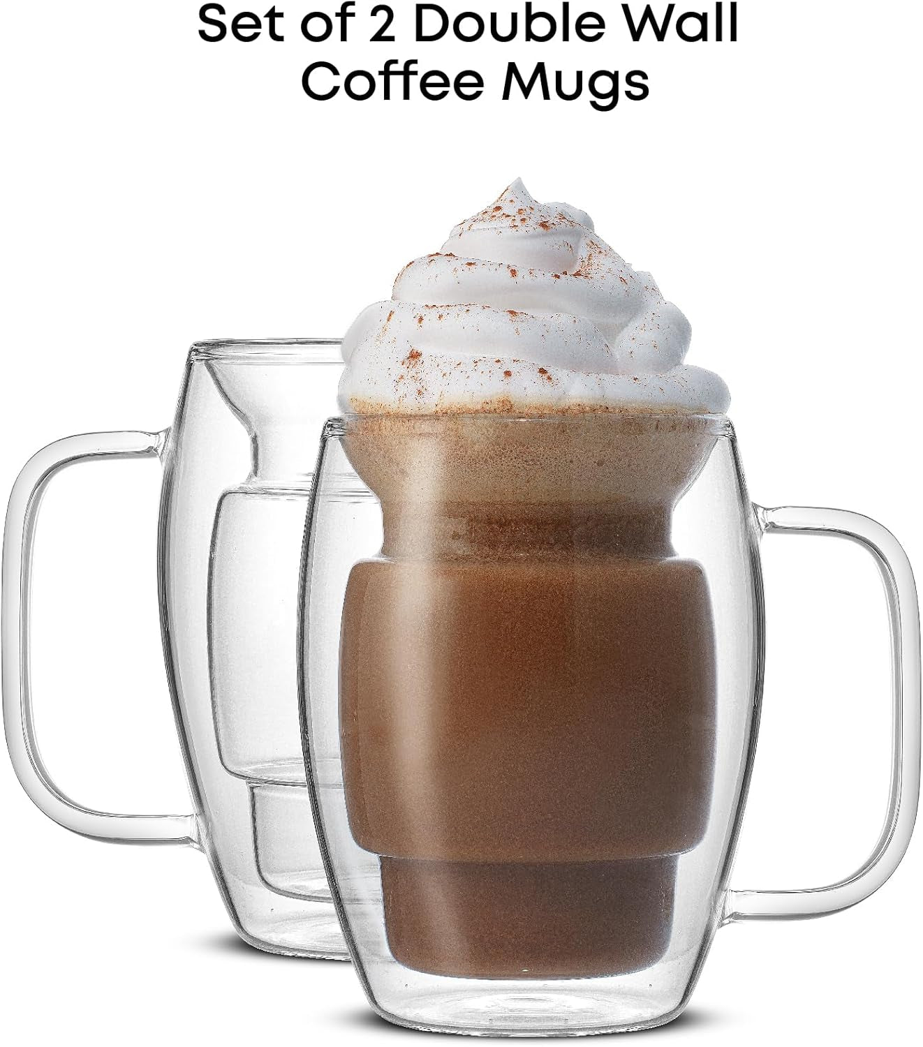 Cadus Glass Coffee Cups Double Wall Insulated Mugs Set of 2 Latte Glasses, 16-Ounces.