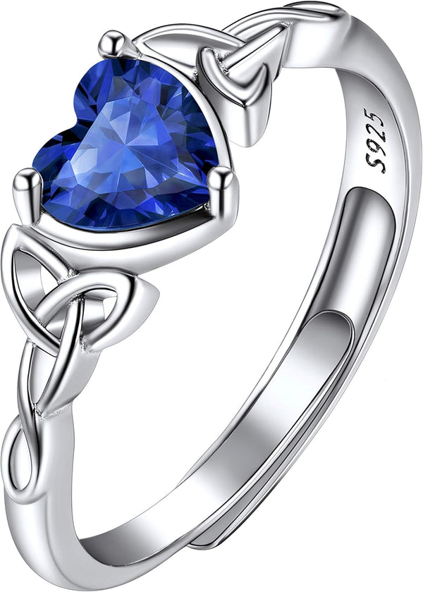 925 Sterling Silver Good Luck Celtic Twisted Knot/Claddagh Heart Birthstone Ring, Thin Delicate Adjustable Promise Engagement Ring Irish Jewelry for Women