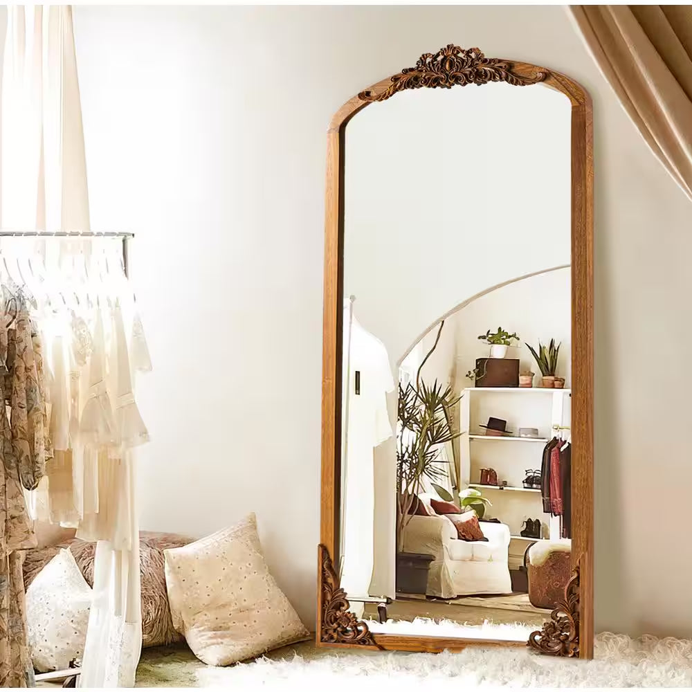 30 In. W X 69 In. H Rustic Arched Solid Wood Framed DIY Carved Full Length Mirror