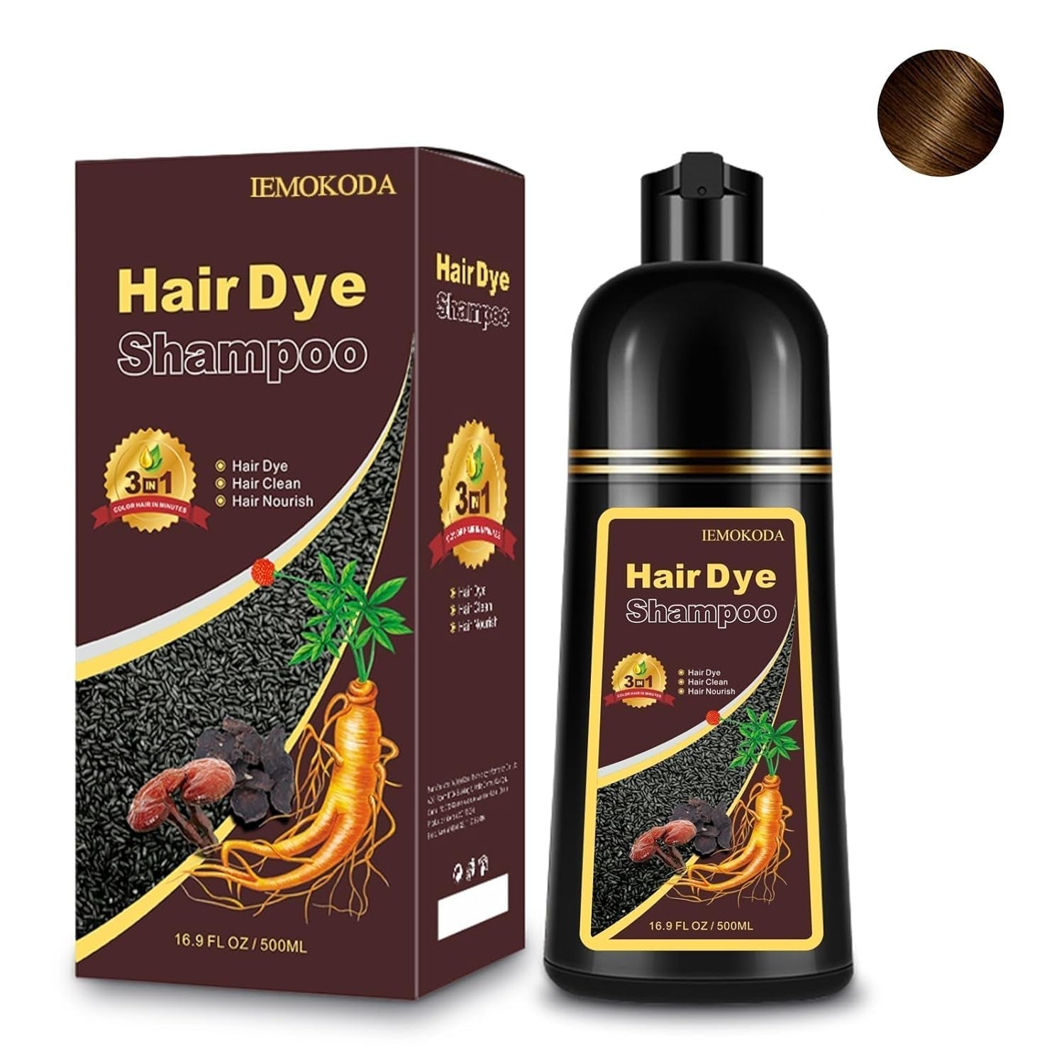 Hair Dye Shampoo 3-In-1 Champu Para Canas Mujer, Instant Coffee Herbal Hair Color Treated Shampoo, Natural Brown Long Lasting Easy to Use, for Women Men, 500Ml