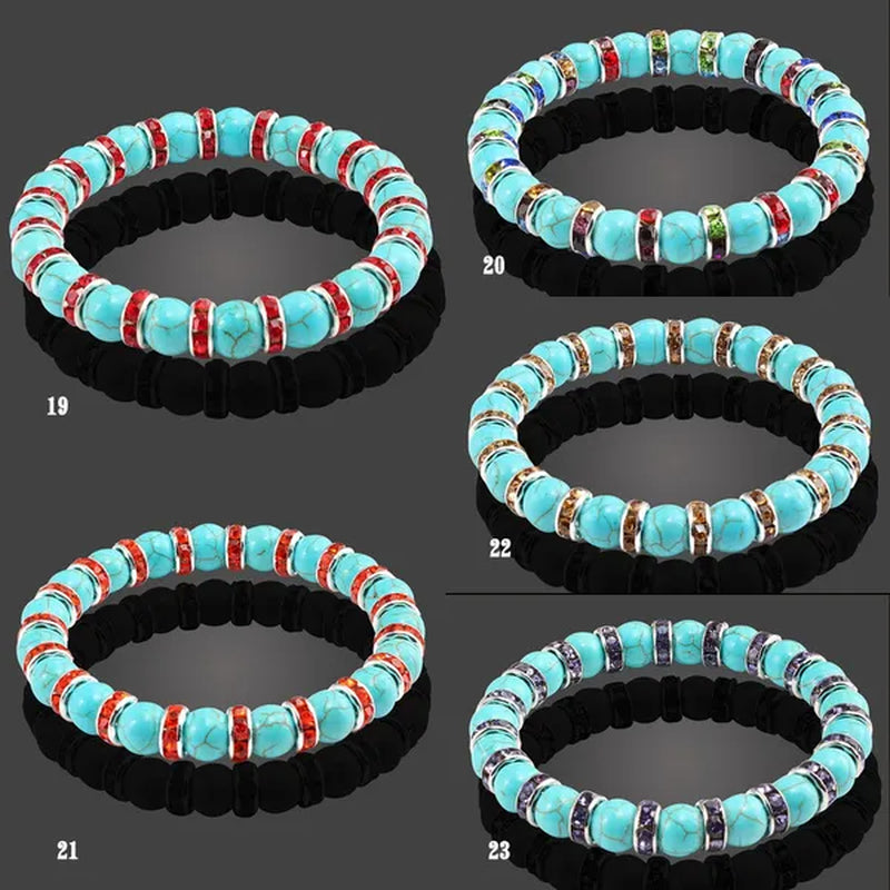 Blue turquoise and green point hand natural Vintage bracelet rhinestone rope men's and women's elastic casual bracelet prayer yoga pendant jewelry