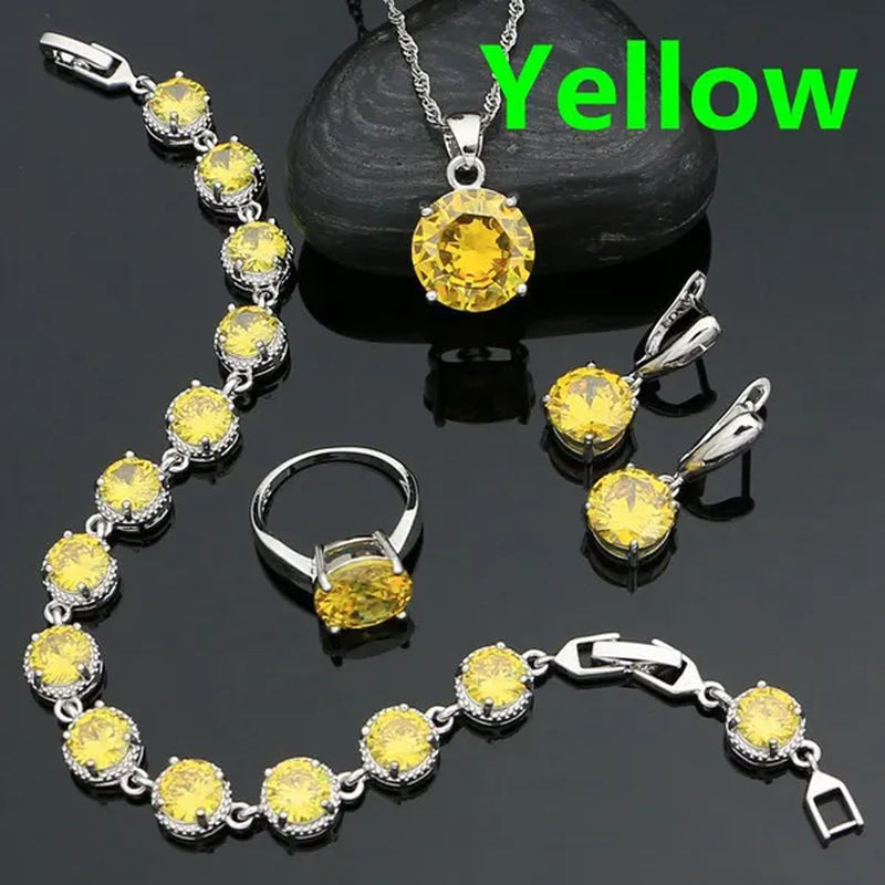 925 Sterling Silver Jewelry Set Olive Green Cubic Zirconia Retro Earrings Ring Pendant Necklace Bracelet 4Pcs for Bride