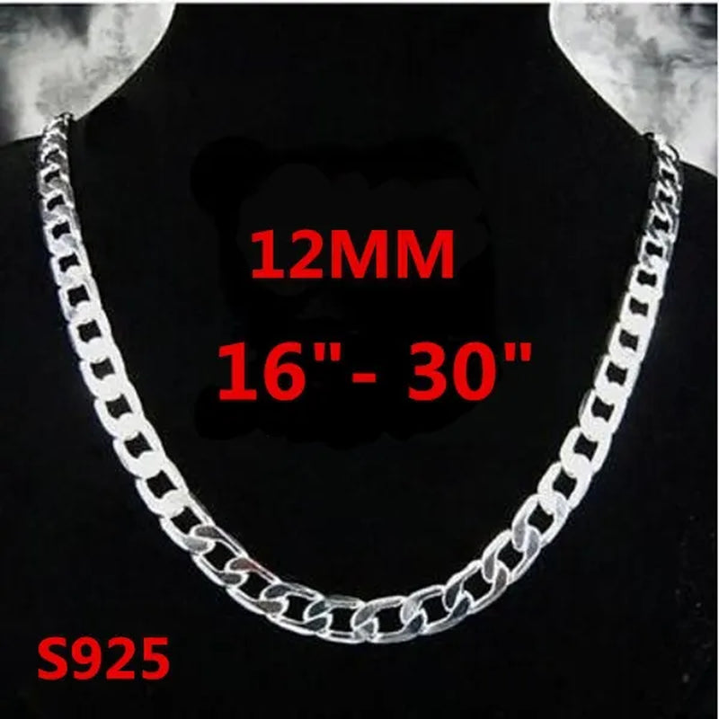 Wholesale! Prefect! Hot New High Quality 925 Sterling Silver Fashion Jewelry 12MM Men'S 925 Solid Silver Curb Chain Necklace 16/18/20/22/24/26/28/30 Inch