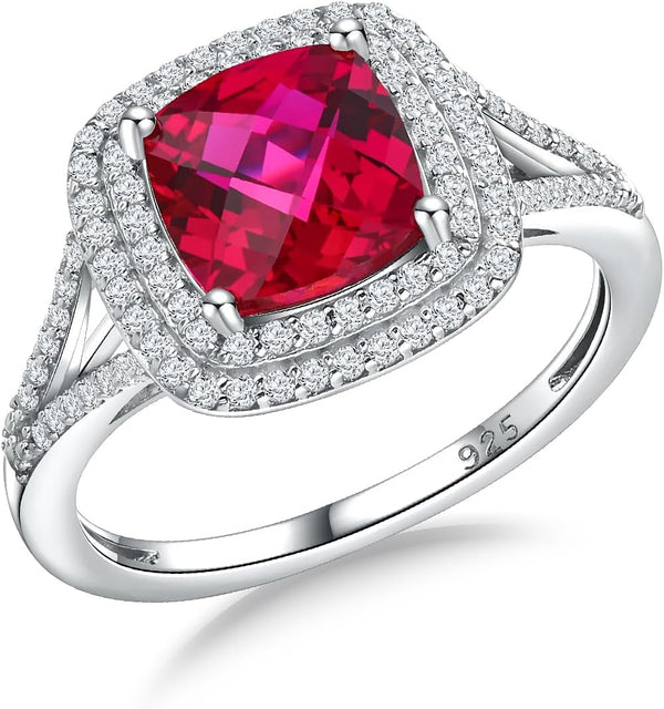 Birthstone Rings for Women 925 Sterling Silver Created Gemstone Cubic Zirconia Ring Heart/Pear/Round/Cushion/Emerald/Oval Engagement Double Halo Ring Size 6 to 10