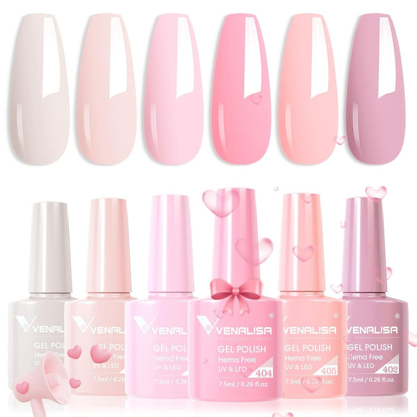 VENALISA Hema-Free Pink Gel Nail Polish Set- 6 Colors Popular Nude Pink Gel Polish Kit, Soak off LED Nail Lamp Light Pink Gel Manicure Kit DIY at Home Salon Gifts for Women Girls