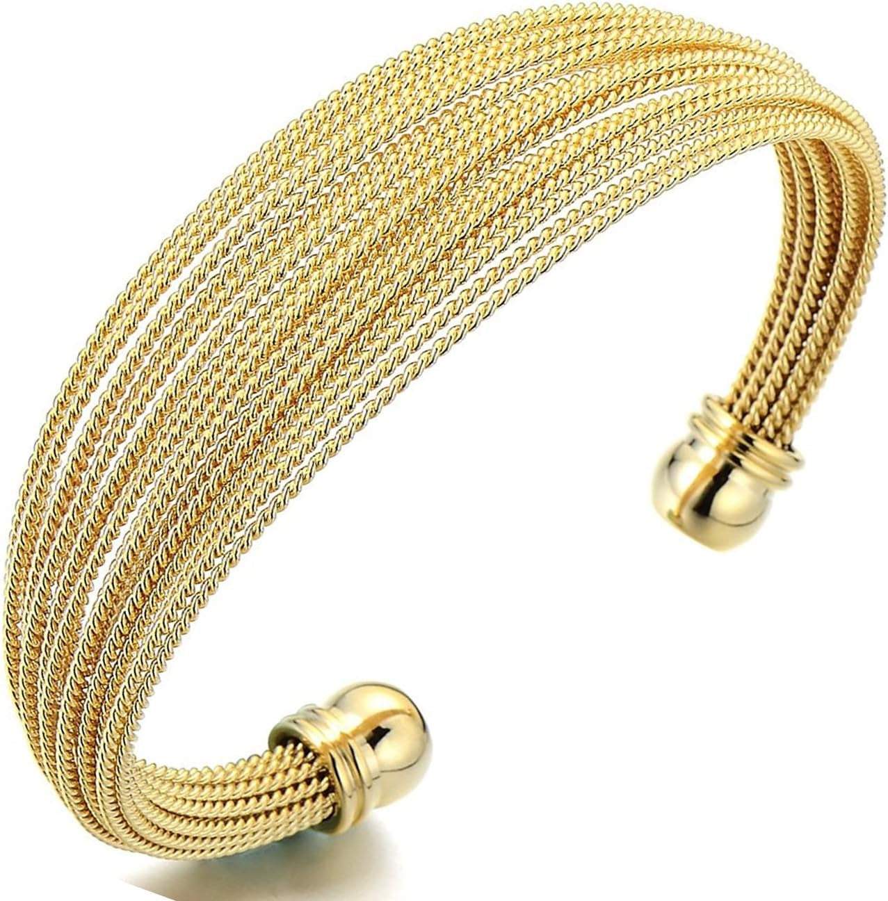 Womens Multi-Strand Gold Plated Stainless Steel Cuff Bangle Bracelet Adjustable