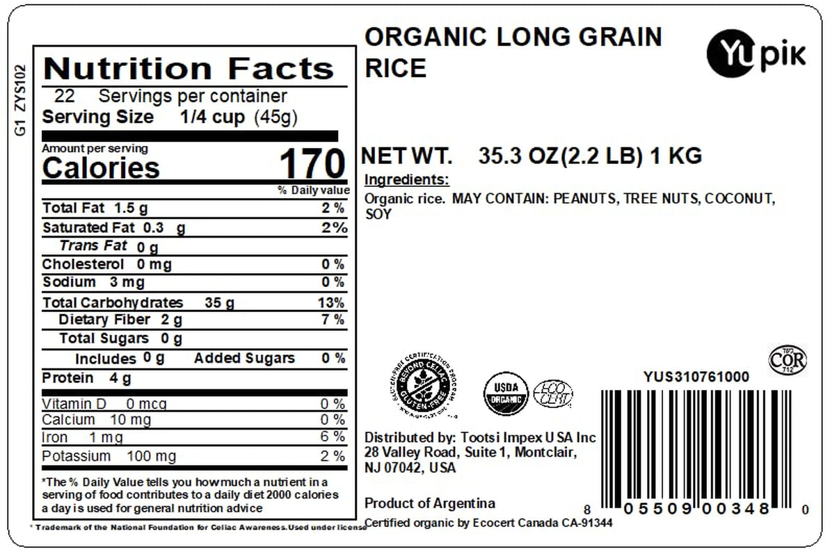 Organic Brown Rice, Long Grains, 2.2 Lb (35.2 Oz), Non-Gmo, Vegan, Gluten-Free, Kosher, Salt-Free, Source of Fiber & Iron, Easy Preparation, Ideal for Recipes, Side Dishes, Salads & More