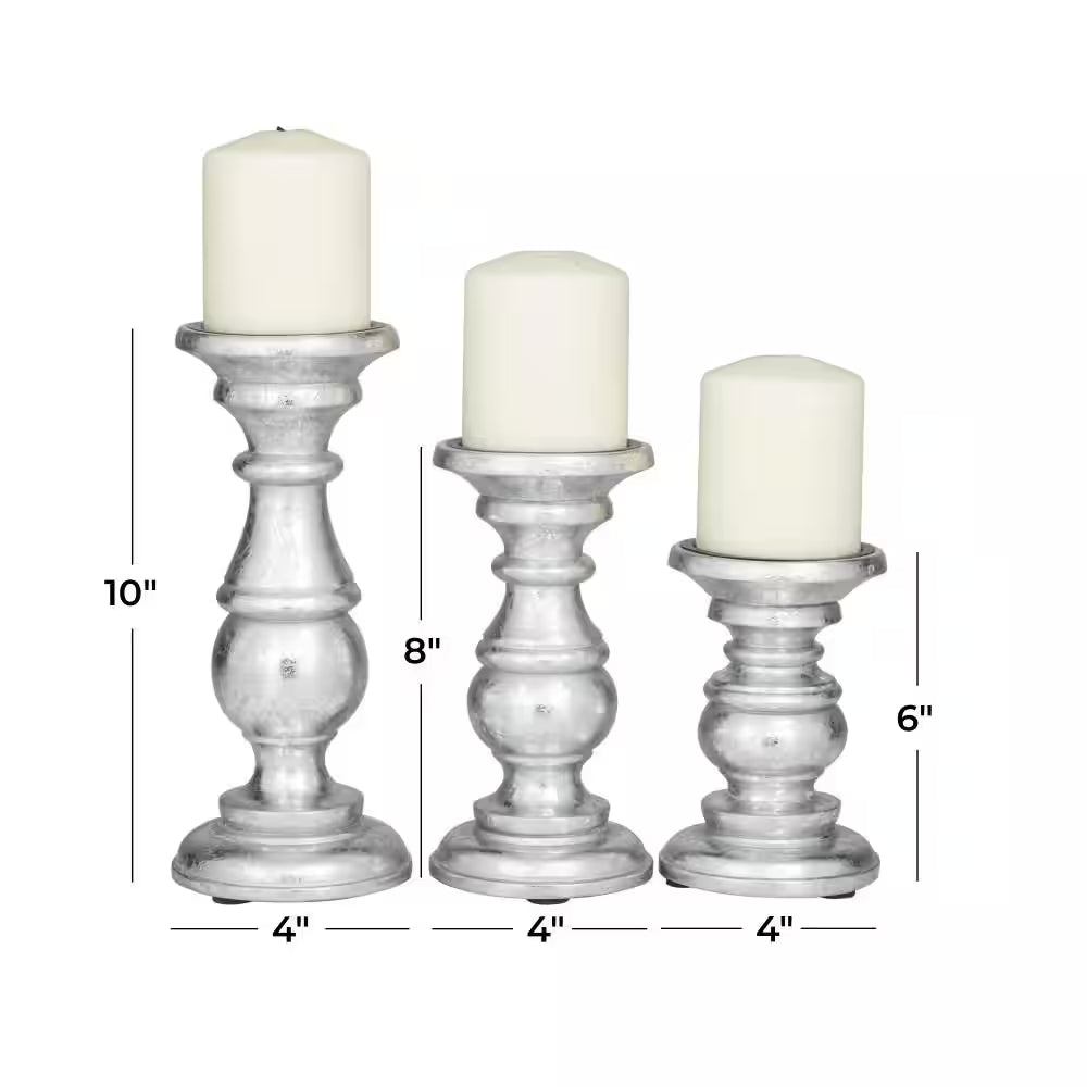 Silver Mango Wood Turned Style Pillar Candle Holder (Set of 3)