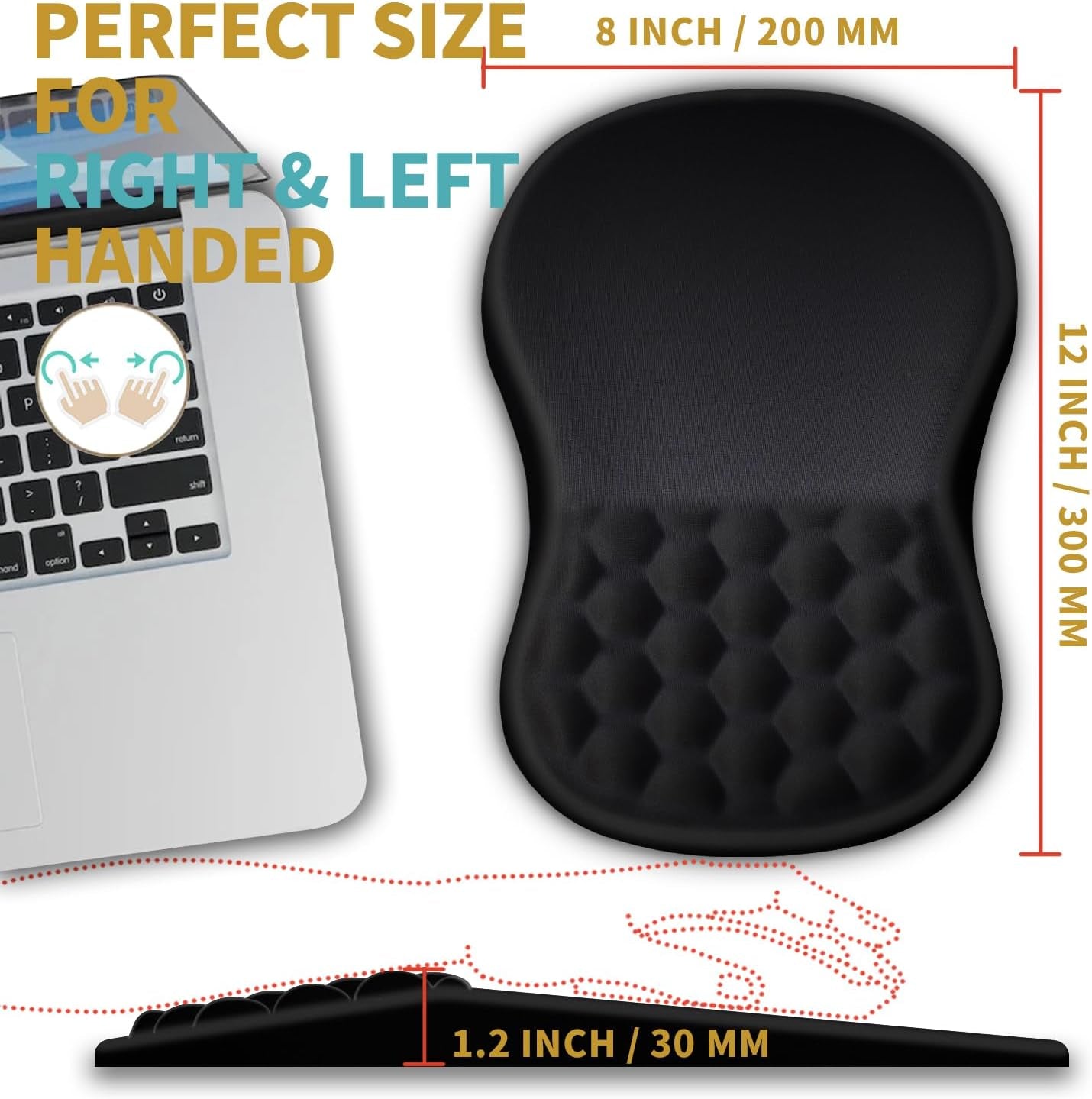 Ergonomic Mouse Pad Wrist Support with Massage Design, Wrist Rest Pain Relief Mousepad with Memory Foam&Non-Slip PU Base, Mouse Pads for Wireless Mouse & Desk (12X8 Inch,Black)