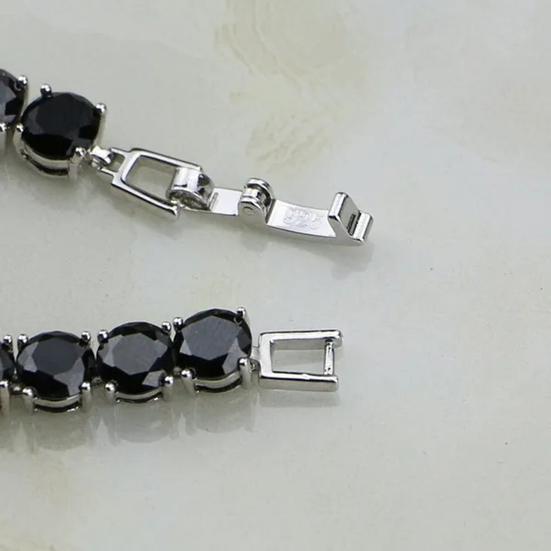 925 Sterling Silver Jewelry Black Sapphire White Topaz round Link Chain Bracelet 7 Inch for Women Wedding Free Gift Box