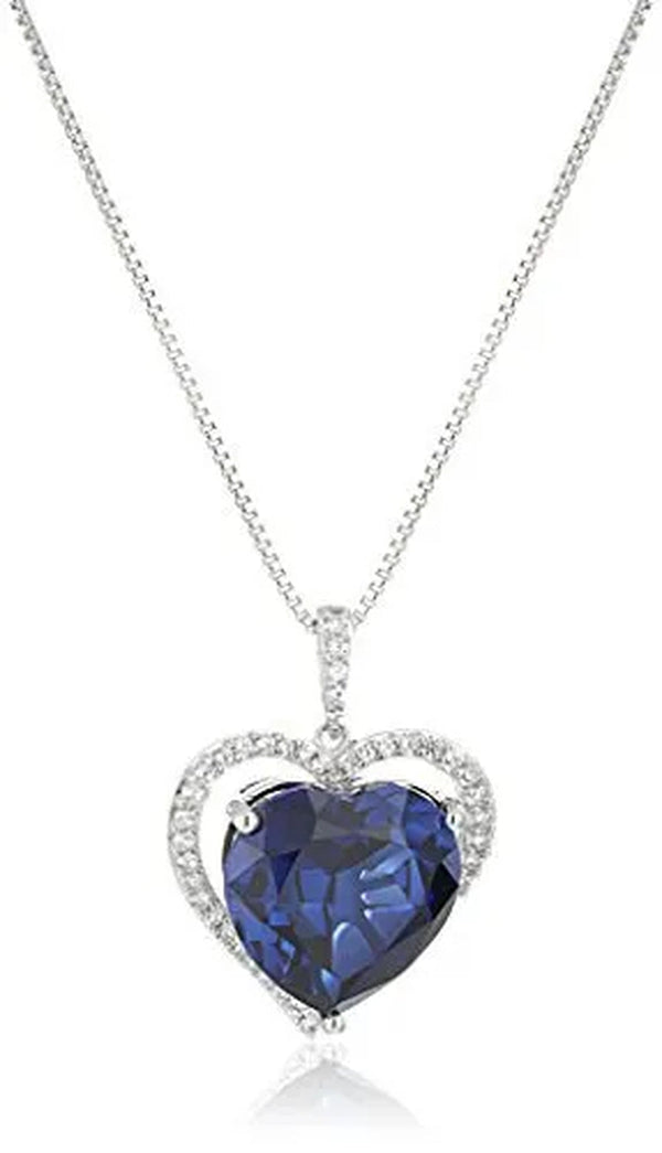 XPY Sterling Silver Heart Created Sapphire Framed with Created Sapphire Pendant Necklace, 18"