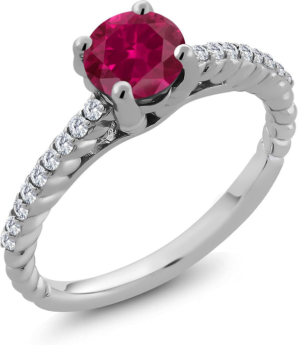 925 Sterling Silver Red Created Ruby and White Moissanite Engagement Ring for Women (1.73 Cttw, round 7MM, Available in Size 5, 6, 7, 8, 9)