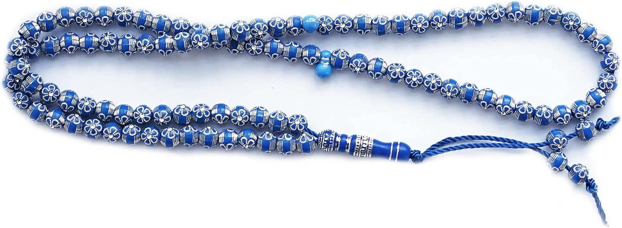 Blue 8Mm Acrylic Islamic Prayer Beads Necklace for Muslims (Unisex, 99 Beads, Silver, 24.5')