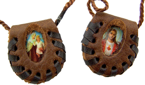 Sacred Heart Jesus Christ with Our Lady Mount Carmel Leather 12 Inch Cord Scapular Necklace