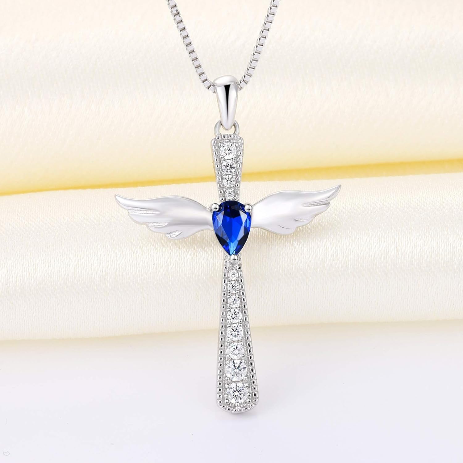 Cross Necklace 925 Sterling Silver Angel Wings Pendant Teardrop Birthstone Criss Jewelry for Women