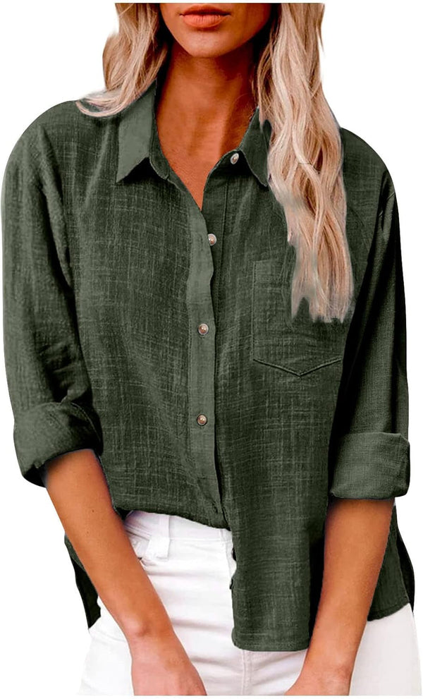 Women Cotton Linen Summer Tops Button down Shirts Dressy Causal Long Sleeve Gauze Blouses Trendy Boho Clothes 2024 Linen Shirt Women Army Green XL