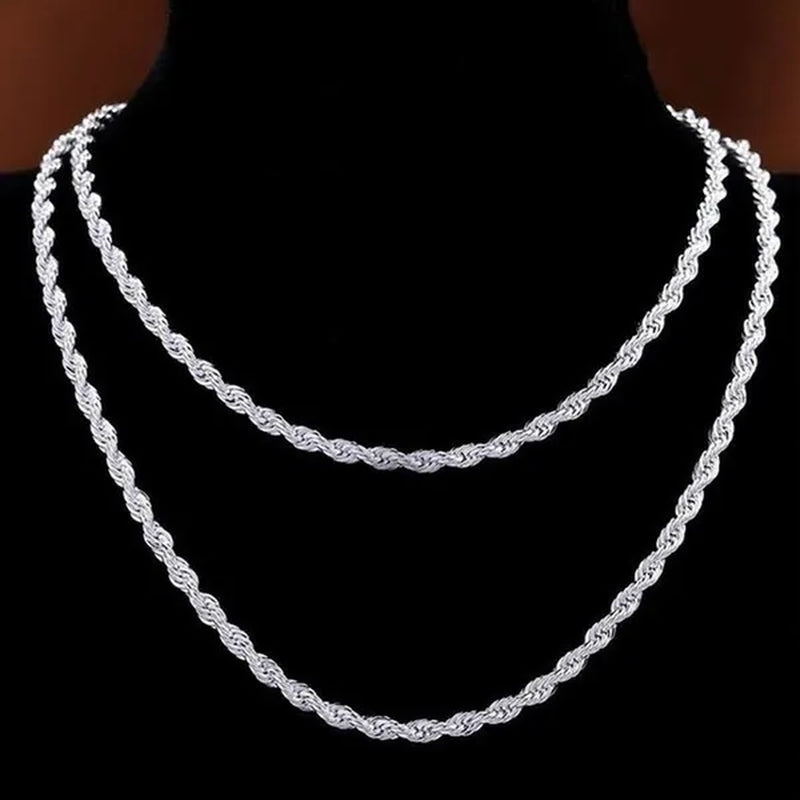 Fashion and Exquisite Men and Women 925 Silver Solid Silver 4Mm Rope Chain Necklace Bracelet (Necklace + Bracelet)