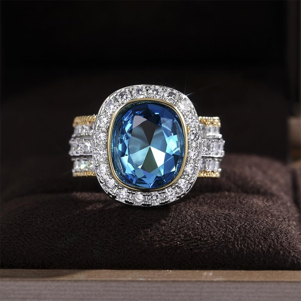 925 Sterling Silver Shiny Full Diamond Ring 18K Gold Sapphire Cocktail Ring Blue Cubic Zirconia Promise Ring CZ Diamond Multi Row Ring Eternity Engagement Wedding Band Ring for Women Z.58 (US Code 7)