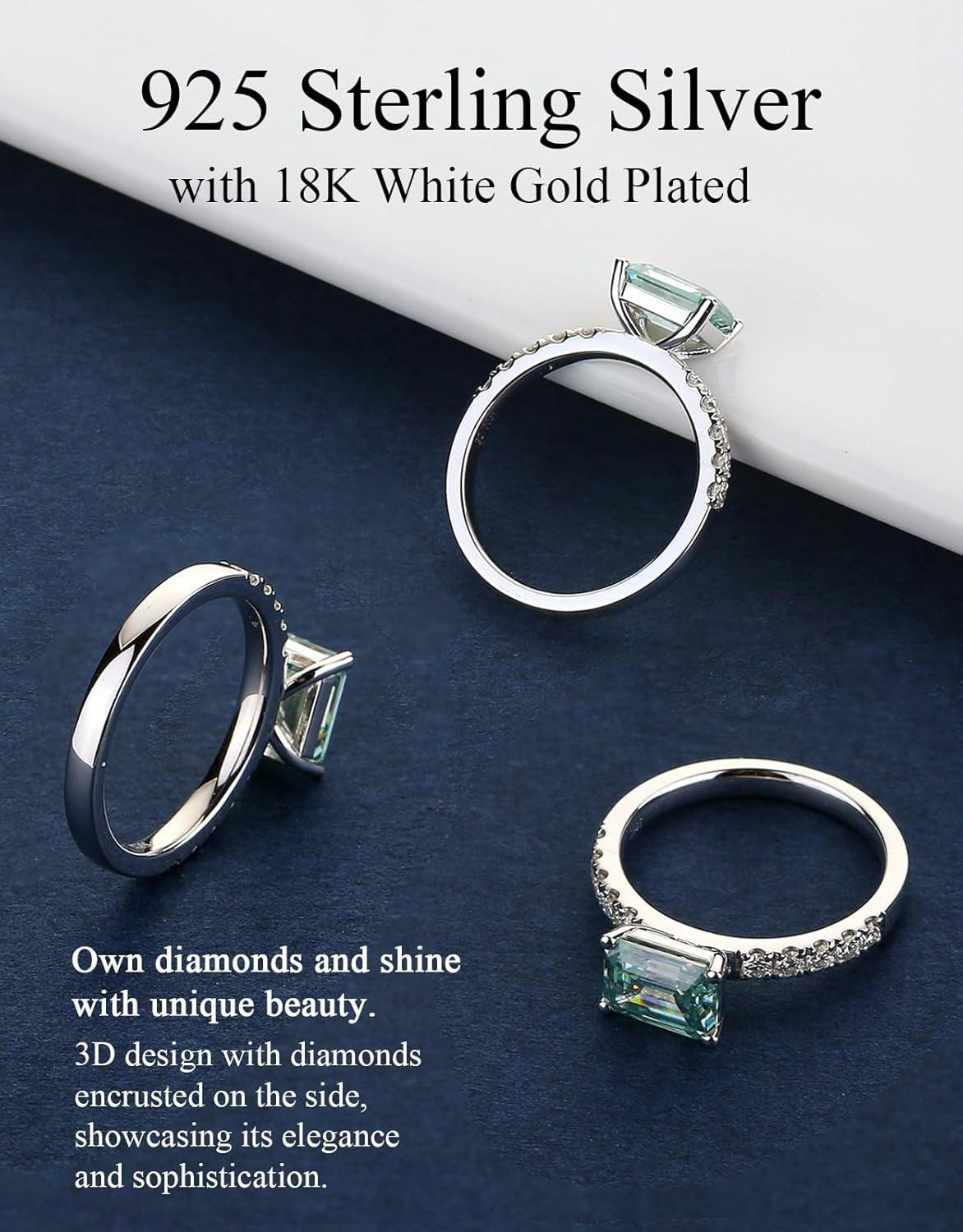 Moissanite Engagement Rings for Women,D Color VVS1 3 Stones Emerald Cut S925 Sterling Silver Plated 18K White Gold Wedding Promise Anniversary Rings for Her