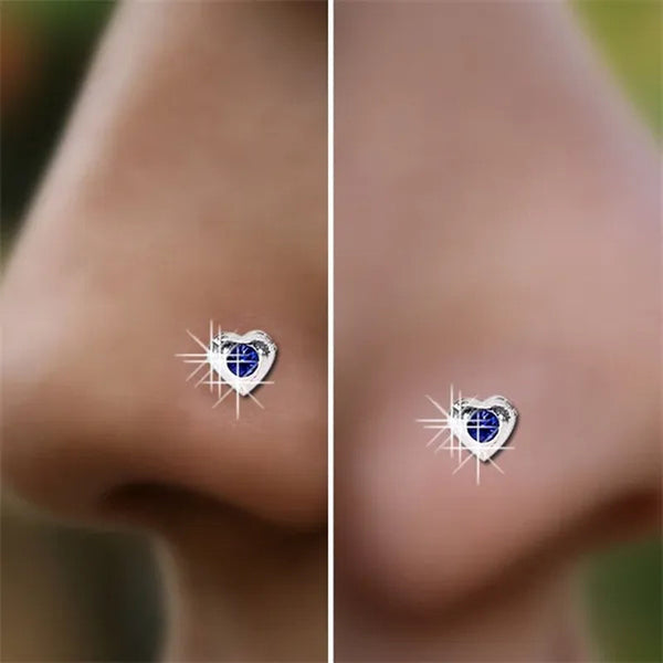 Sterling Silver Clear Crystal Heart Shape Bone Stud Pin Hoop Piercing Nose Ring Earrings