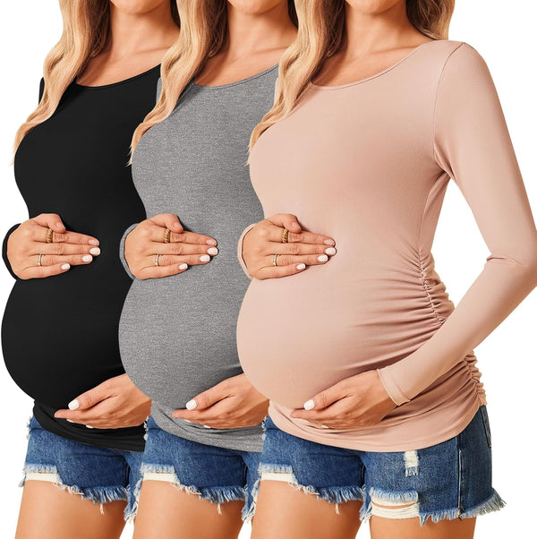 Womens Maternity Shirts Long Sleeve 3 Packs Pregnancy Tee Top Tunic Blouse Casual Mama Clothes S-XXL
