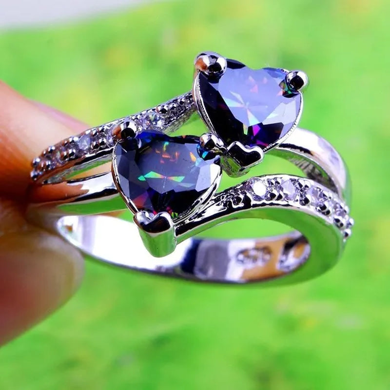 Exquisite 925 Sterling Silver Double Love Heart Rings Natural Sapphire Gemstones Crystal Diamond Wedding Engagement Ring Jewelry Accessories