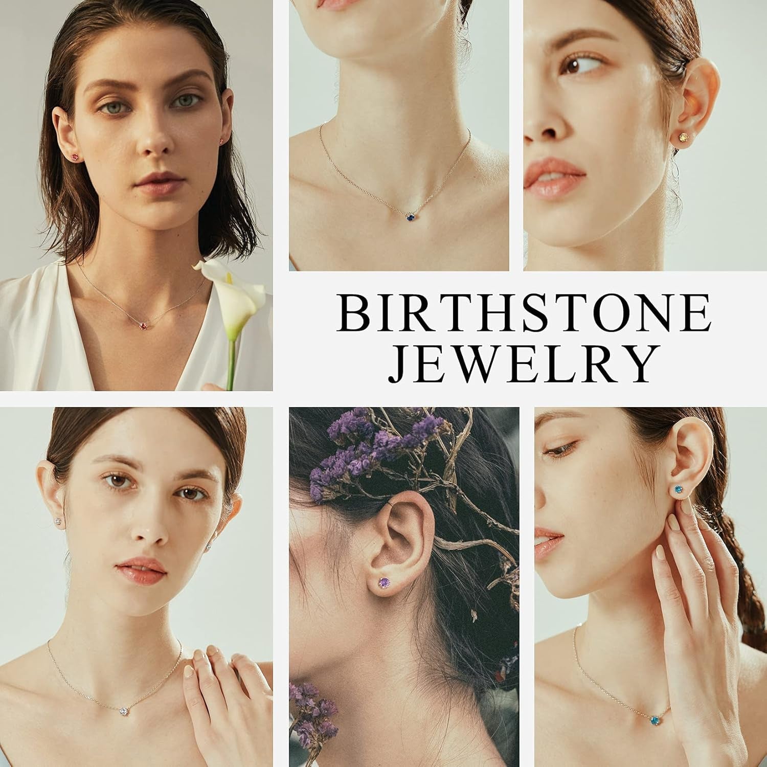 925 Sterling Silver 6 Prong Birthstone Necklace/Stud Earrings, Dainty Small Crystal Jewelry for Women (With Gift Box)
