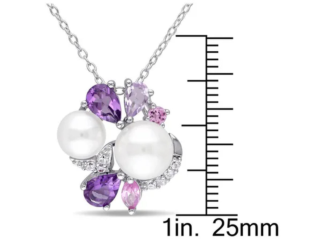 White Freshwater Cultured Pearl, Amethyst, Created Pink, White Sapphire Cluster Pendant Necklace Sterling Silver